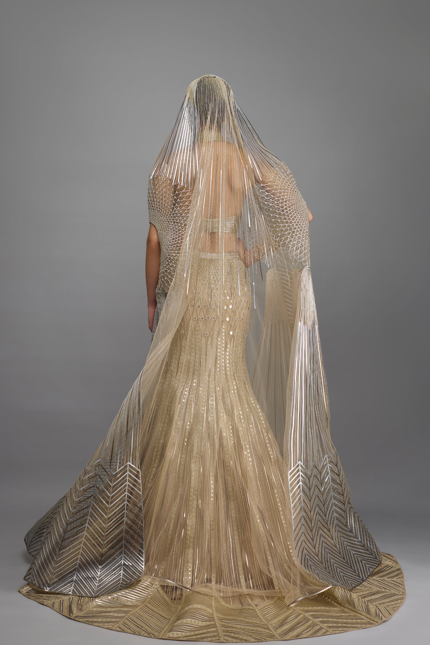 Metallic Halter Top And Fishtail Skirt With Drape
