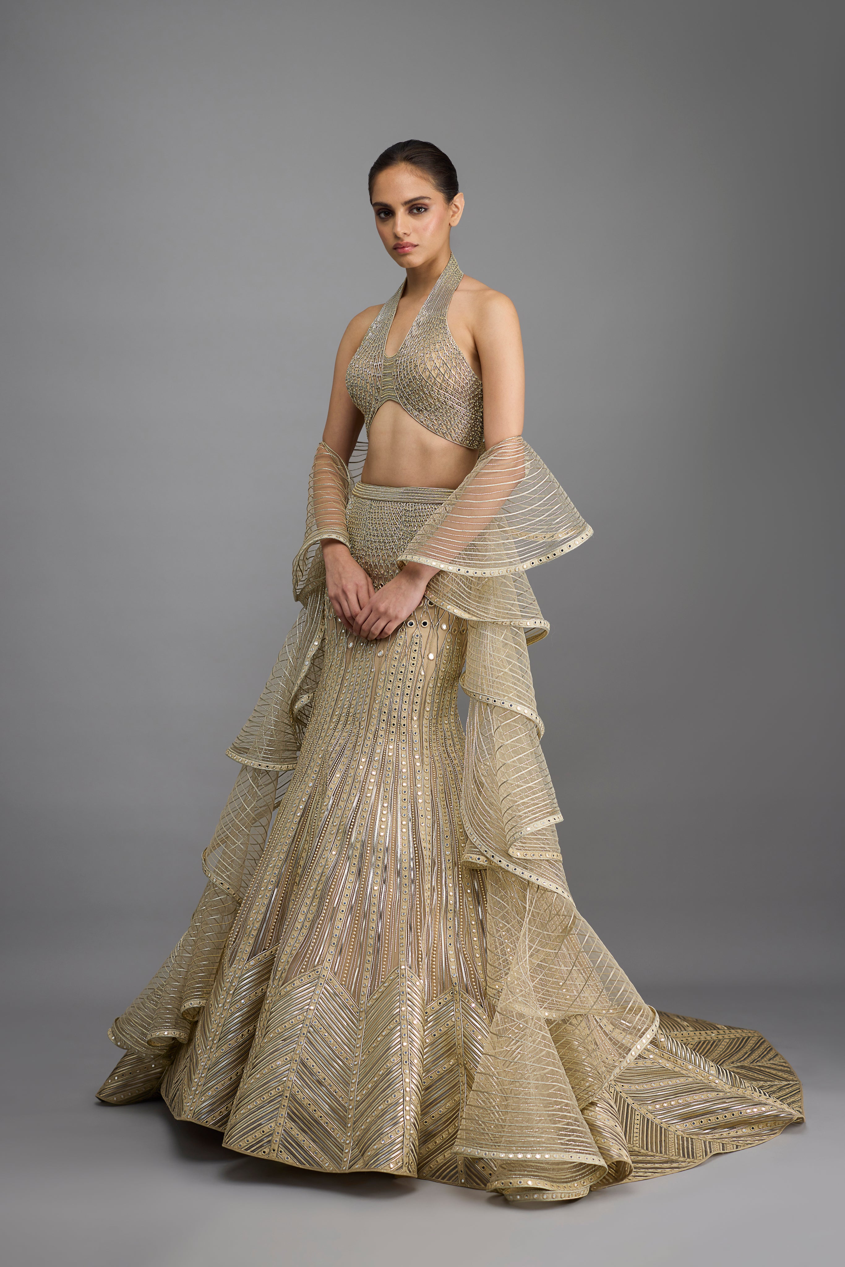 Metallic Halter Top And Fishtail Skirt With Drape