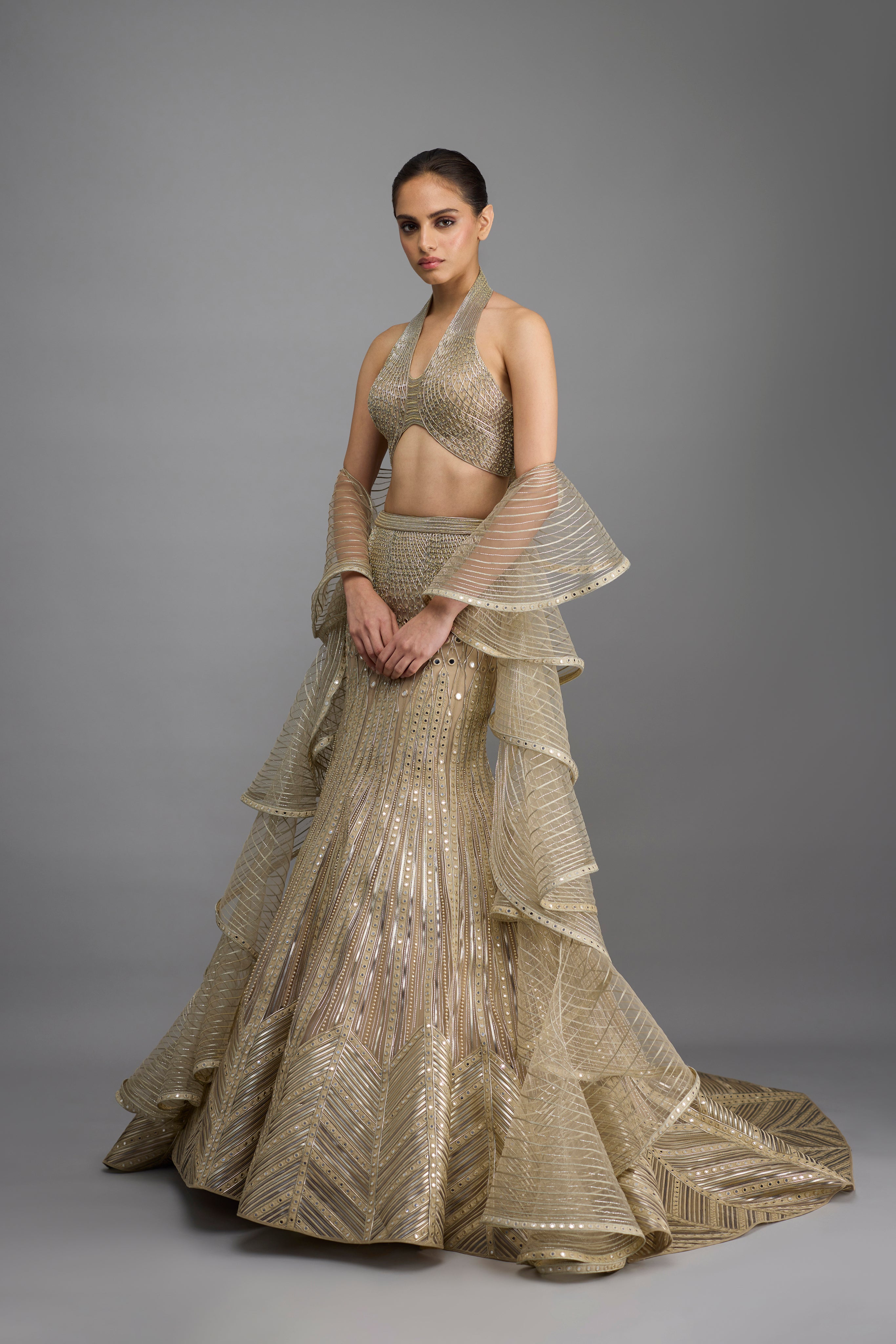 Metallic Halter Top And Fishtail Skirt With Drape
