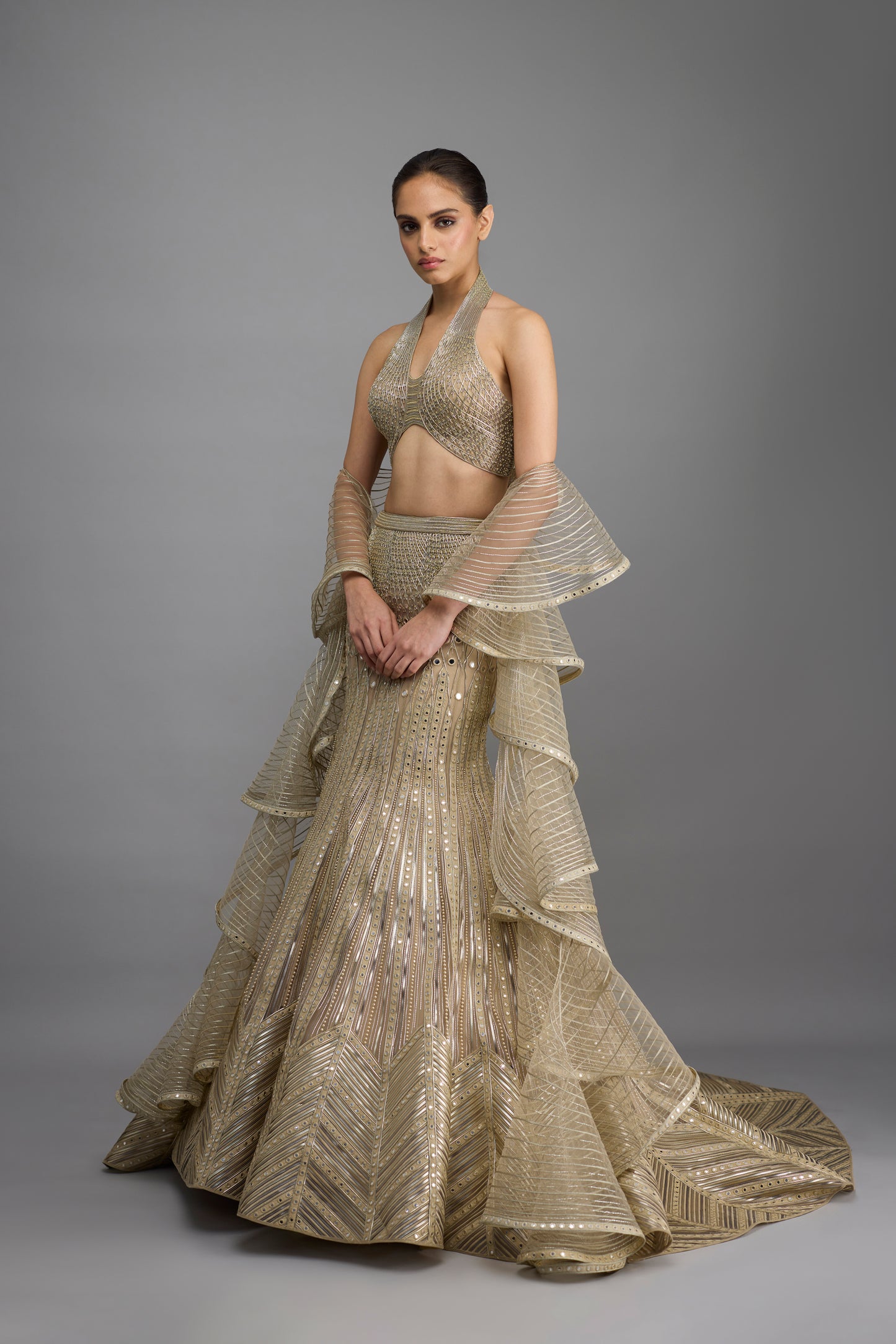 Metallic Halter Top And Fishtail Skirt With Drape