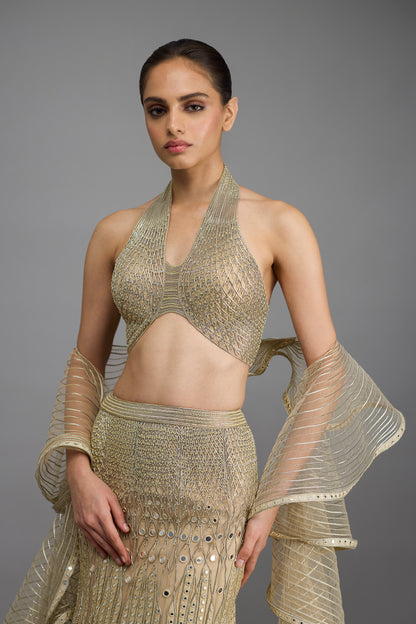 Metallic Halter Top And Fishtail Skirt With Drape