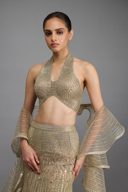 Metallic Halter Top And Fishtail Skirt With Drape