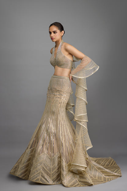 Metallic Halter Top And Fishtail Skirt With Drape