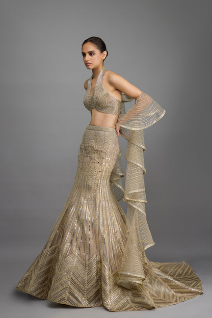 Metallic Halter Top And Fishtail Skirt With Drape