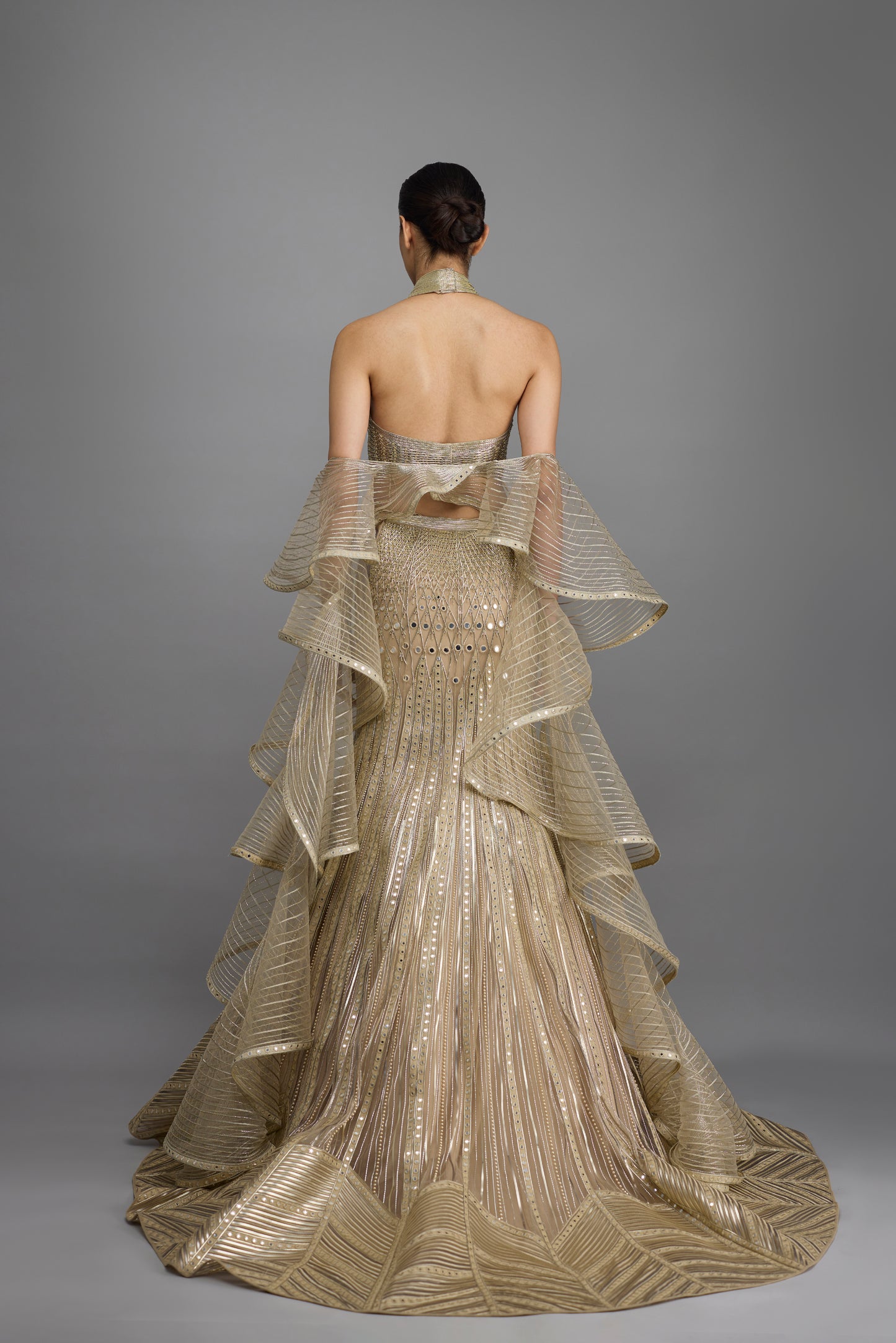 Metallic Halter Top And Fishtail Skirt With Drape