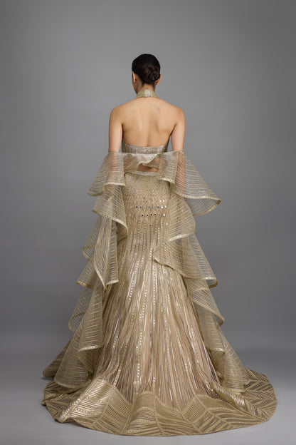 Metallic Halter Top And Fishtail Skirt With Drape