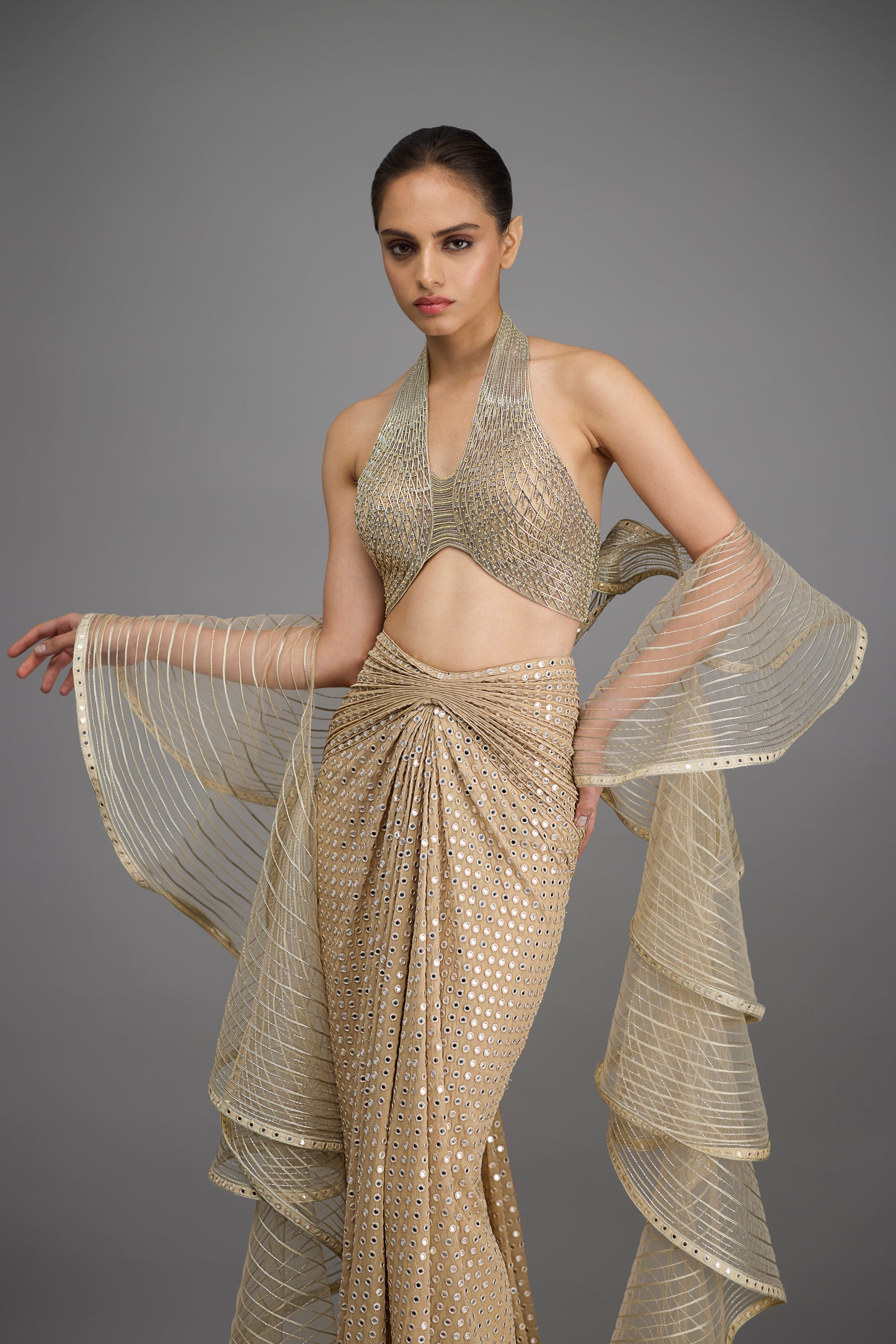 Metallic Halter Top With Drape And Skirt