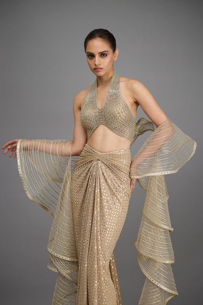 Metallic Halter Top With Drape And Skirt