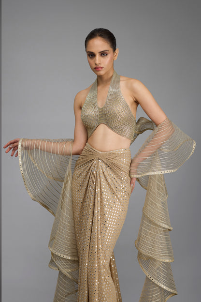 Metallic Halter Top With Drape And Skirt