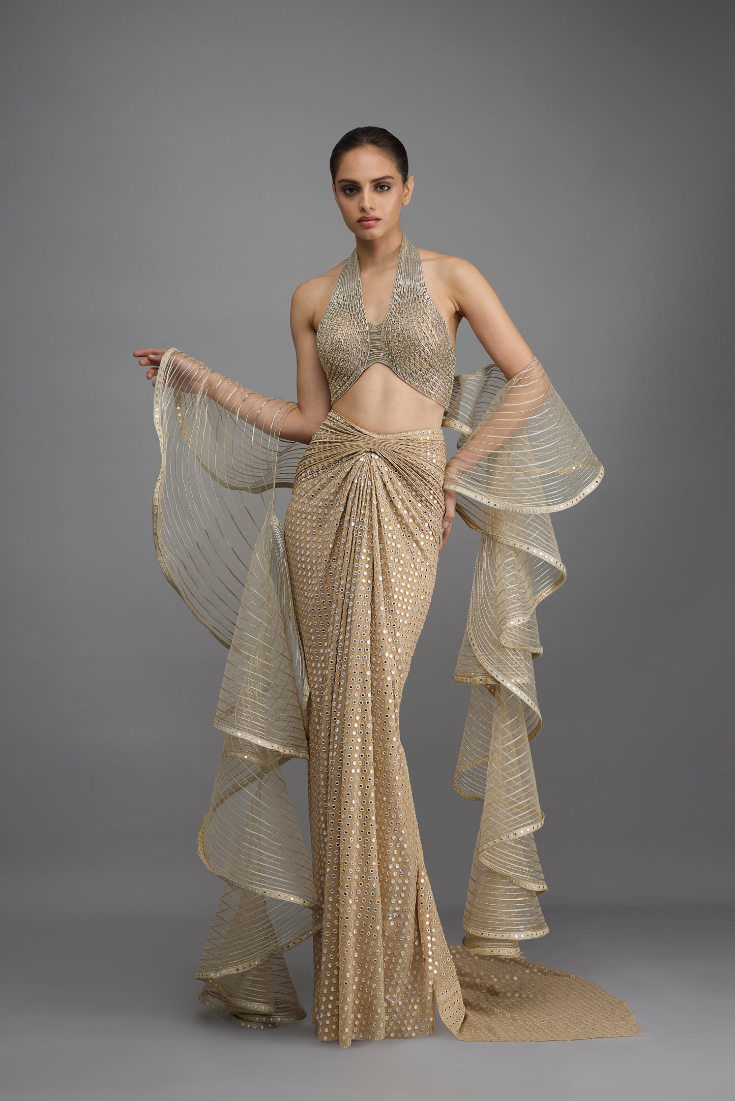 Metallic Halter Top With Drape And Skirt