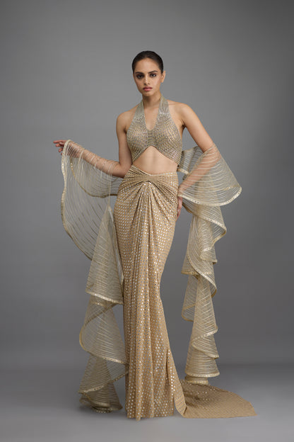 Metallic Halter Top With Drape And Skirt