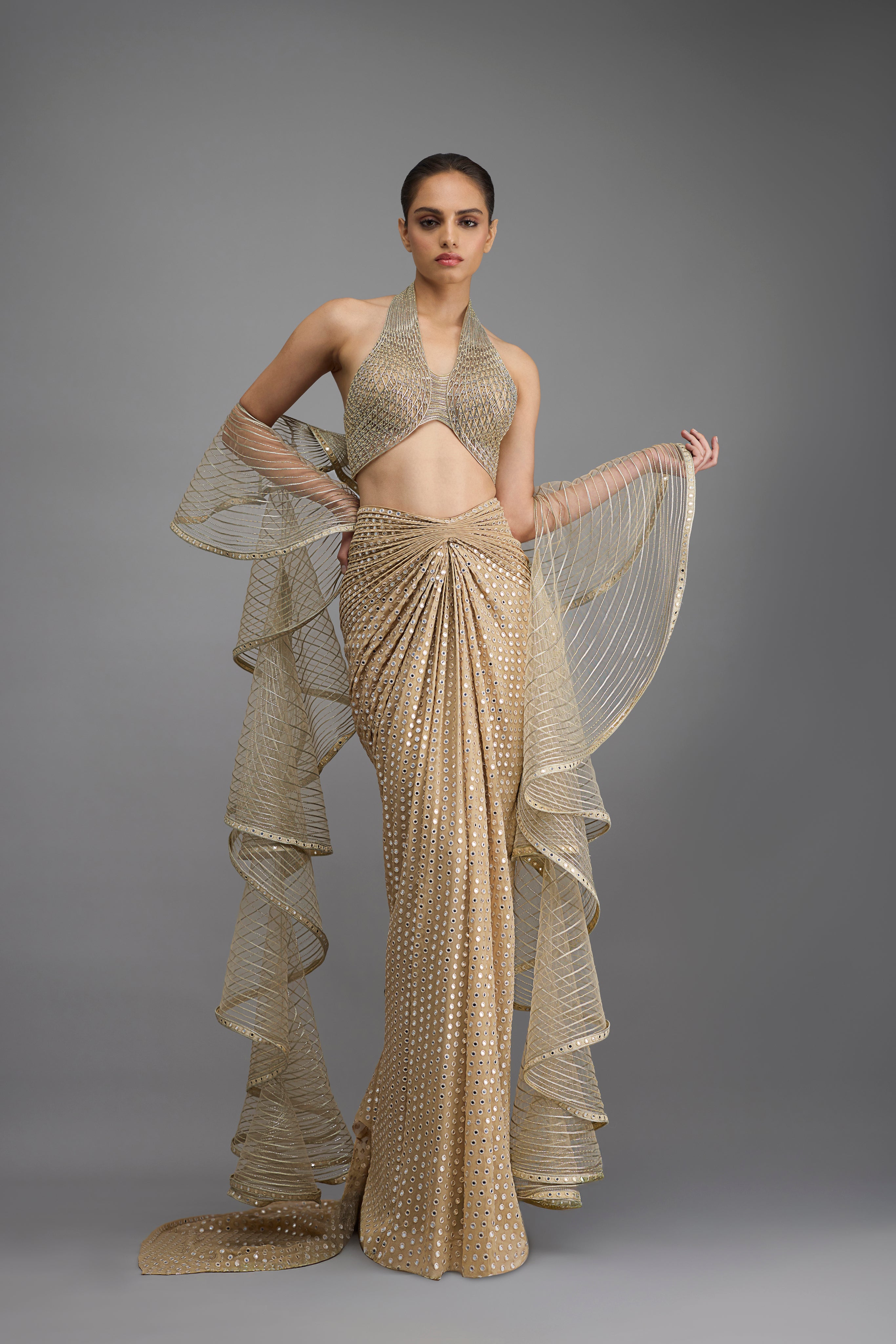 Metallic Halter Top With Drape And Skirt