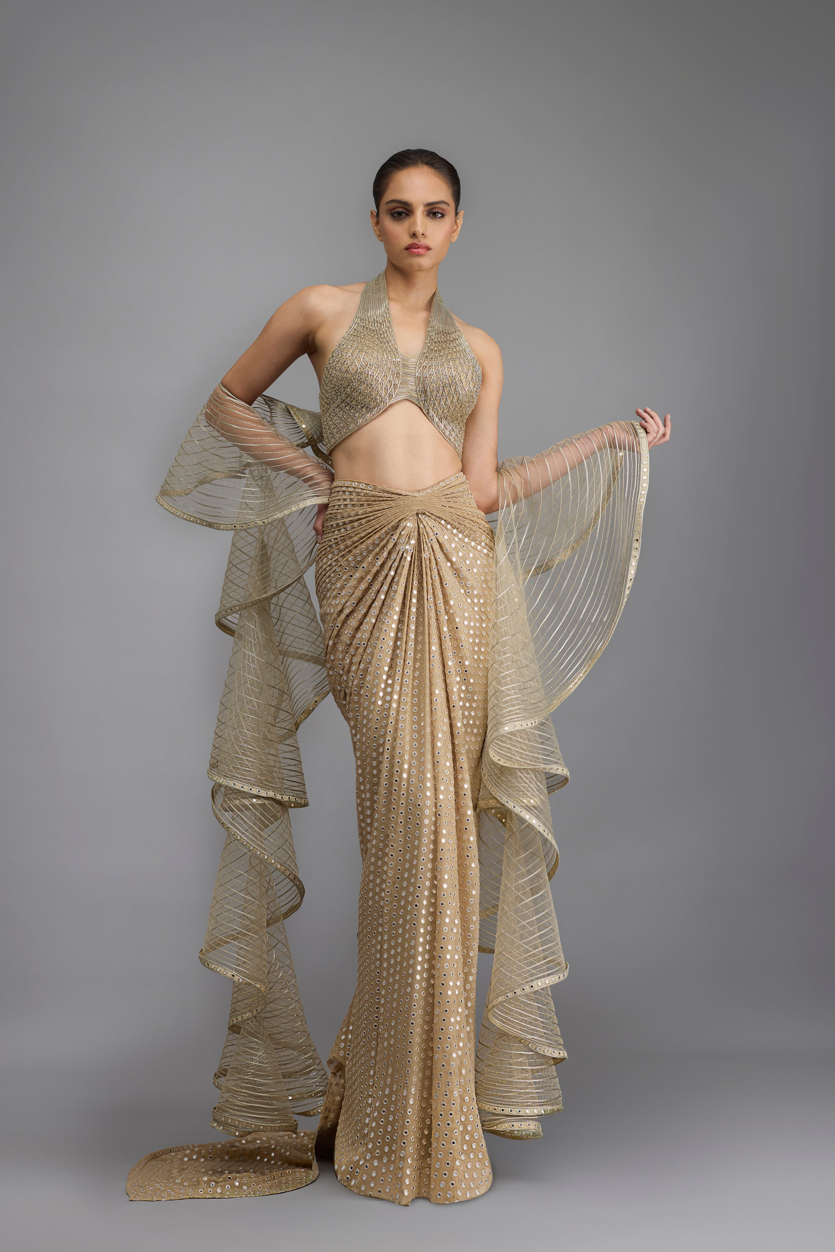 Metallic Halter Top With Drape And Skirt