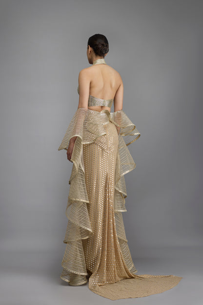 Metallic Halter Top With Drape And Skirt