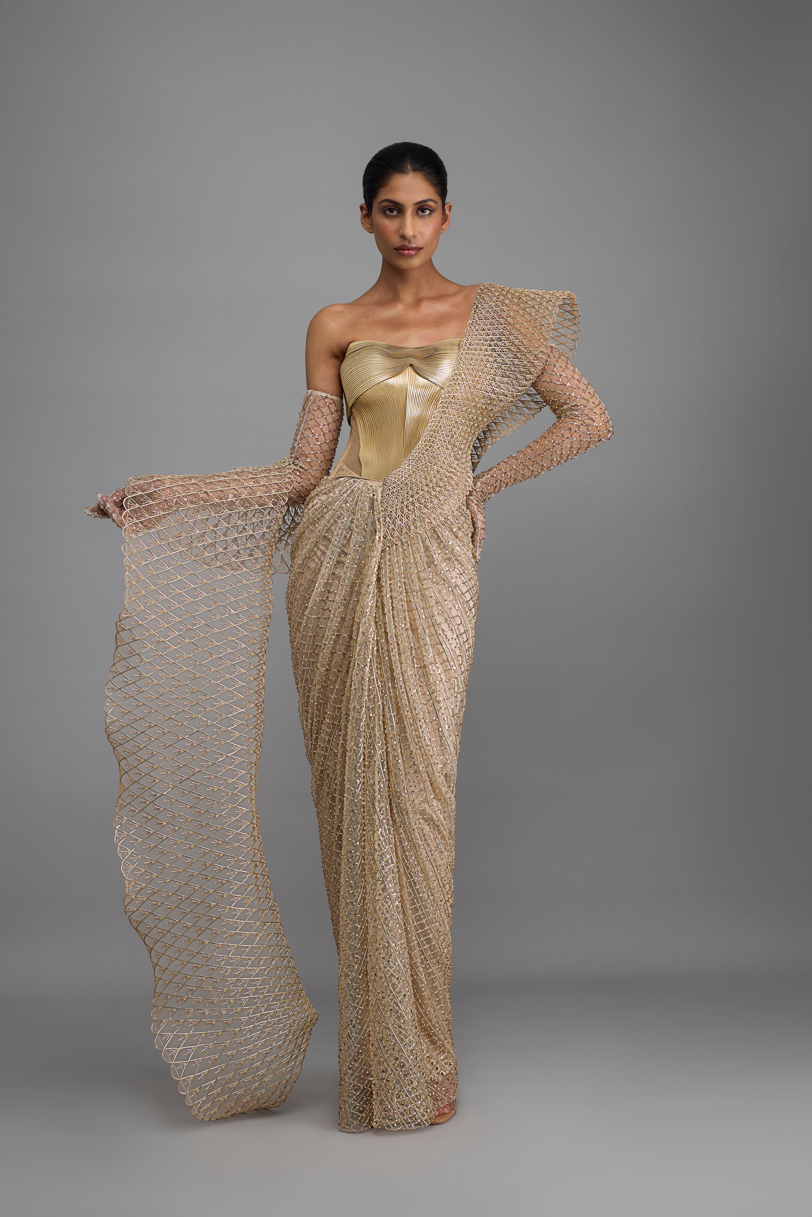 Metallic Corset With Drape And Skirt