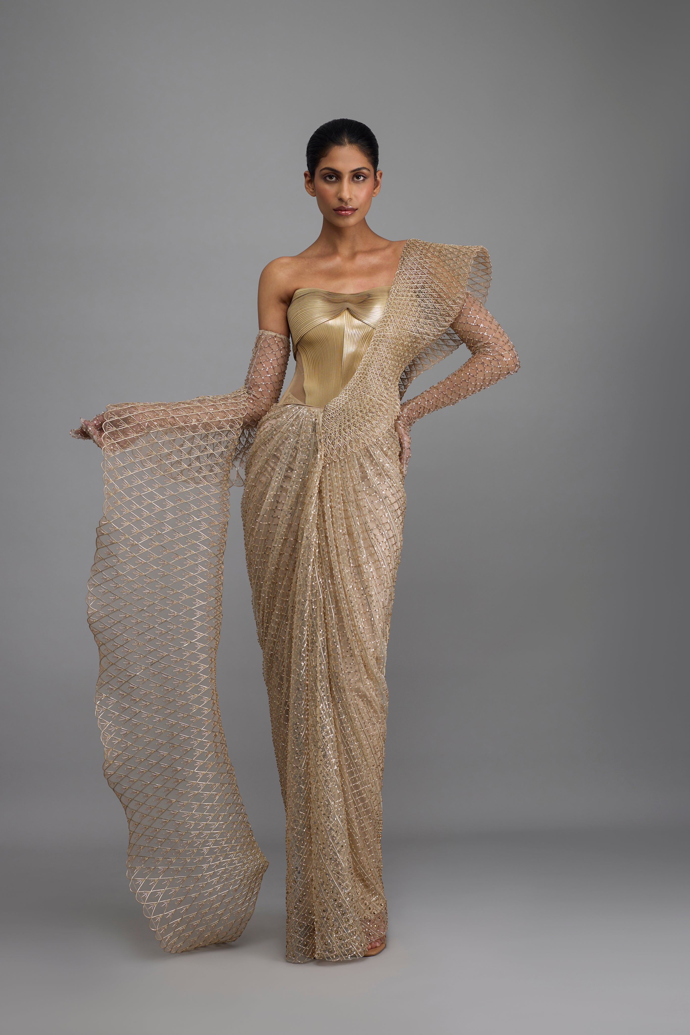Metallic Corset With Drape And Skirt