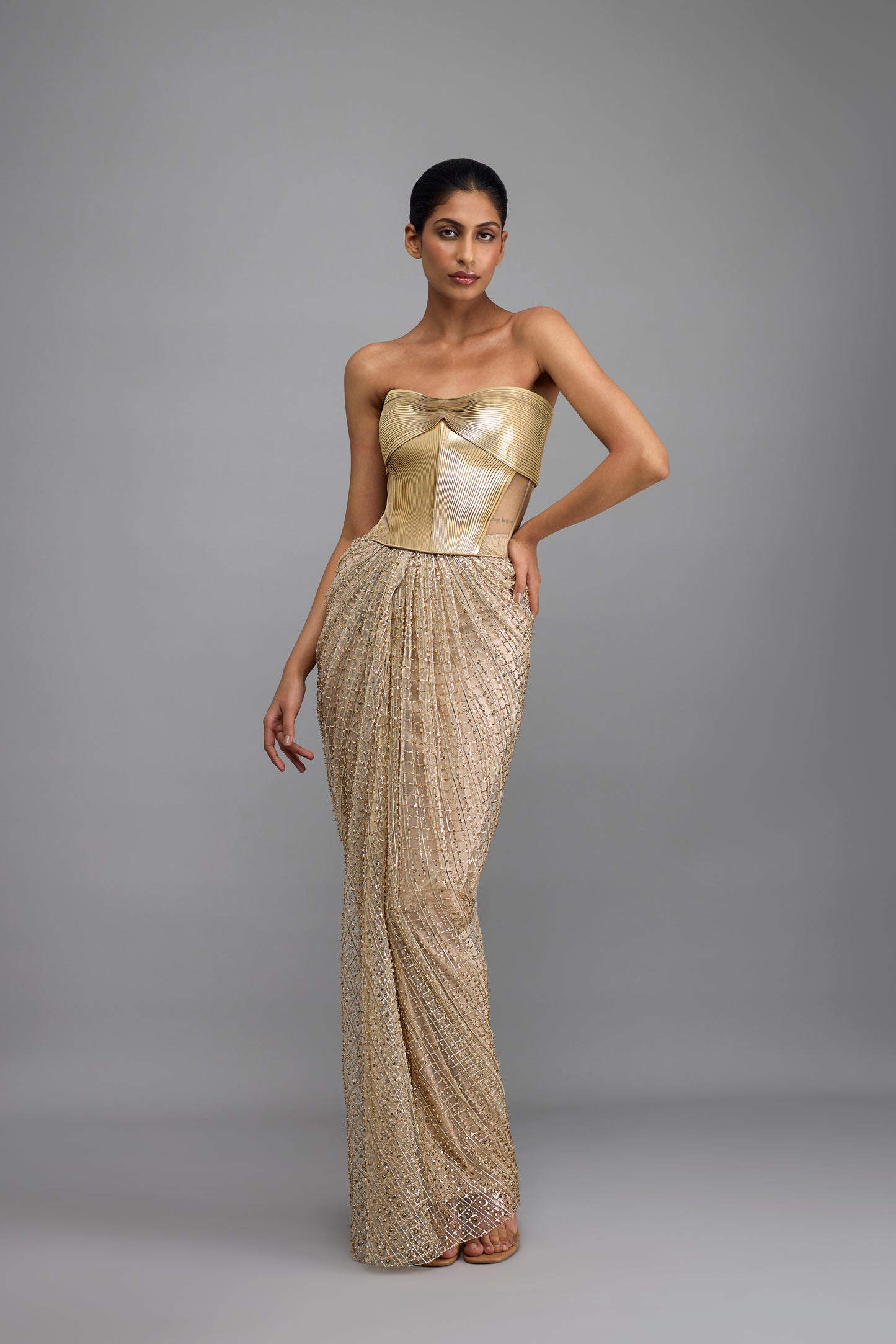 Metallic Corset With Drape And Skirt