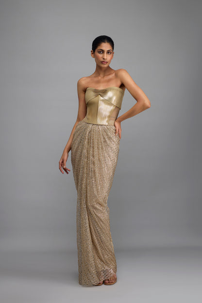 Metallic Corset With Drape And Skirt