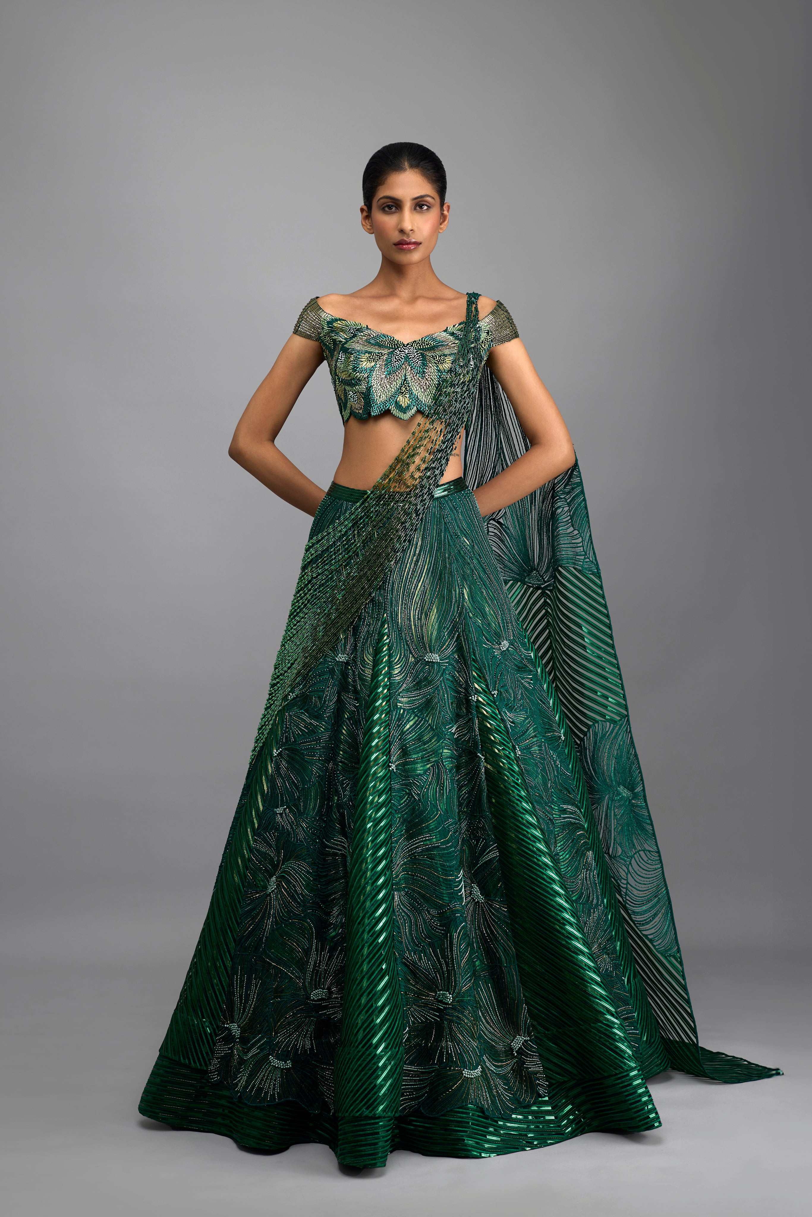 Metallic Supersonic Top With Beaded Drape And Skirt