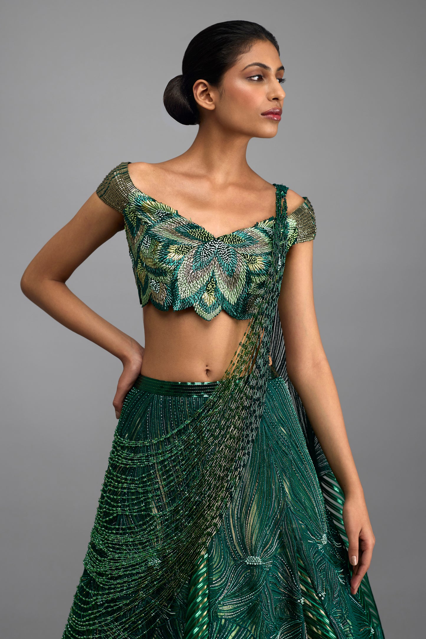 Metallic Supersonic Top With Beaded Drape And Skirt