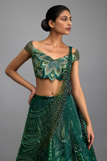 Metallic Supersonic Top With Beaded Drape And Skirt