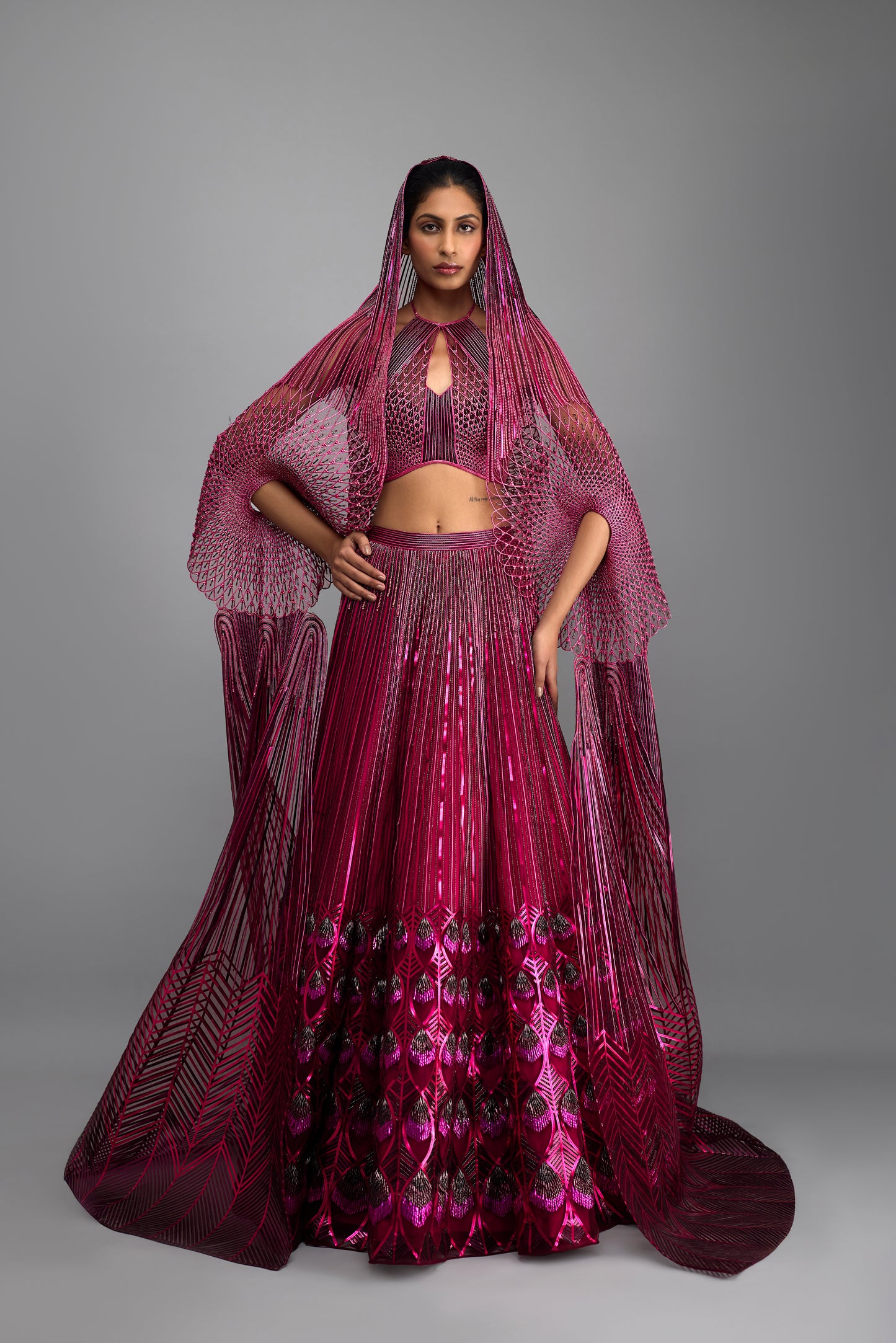 Metallic Tesselation Halter Top And Corded Cape with Skirt