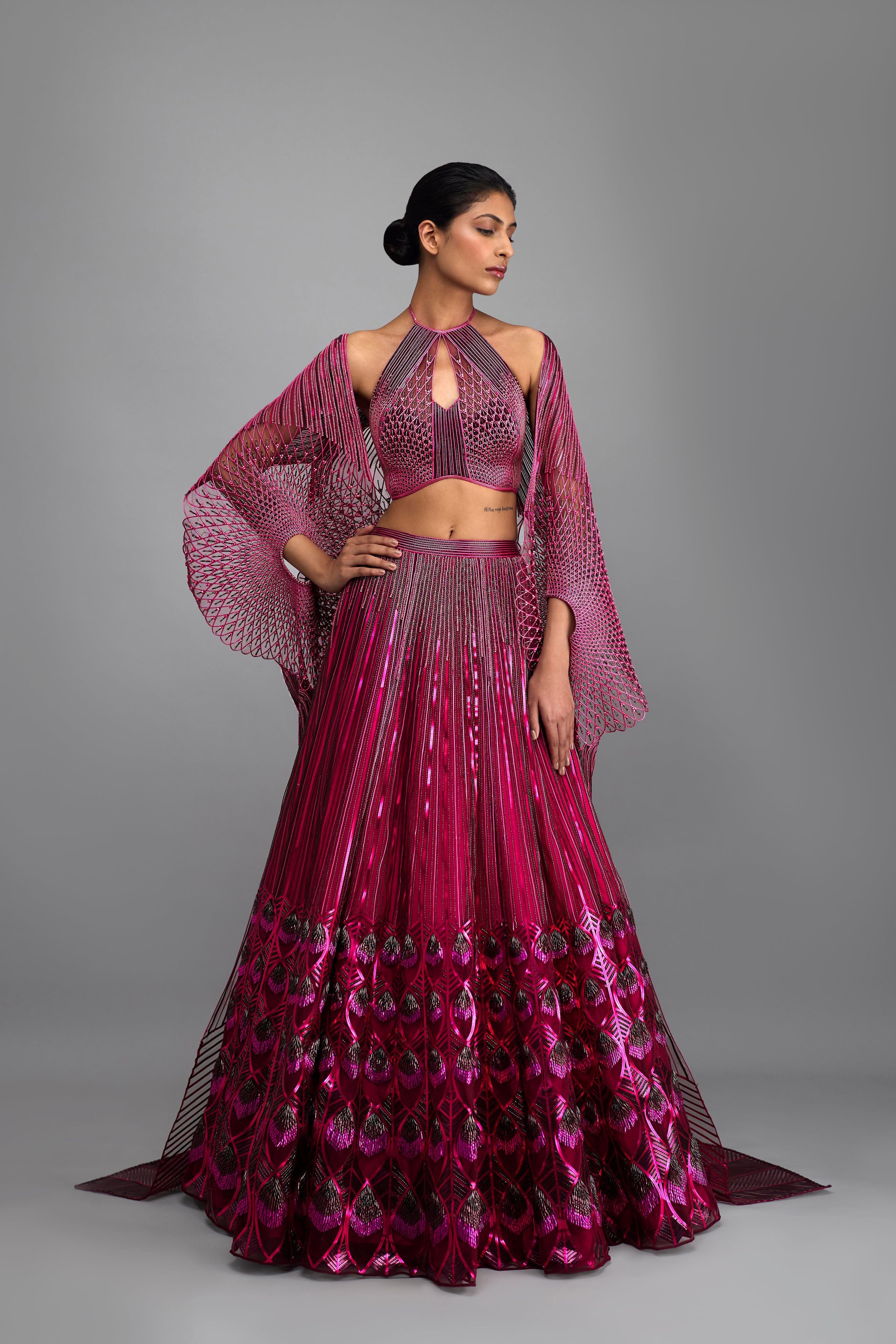Metallic Tesselation Halter Top And Corded Cape with Skirt