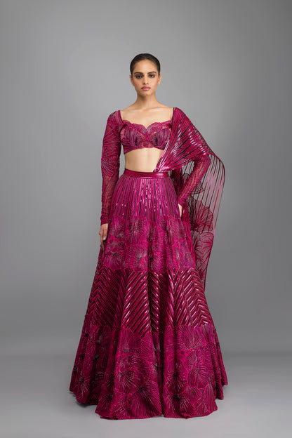 Metallic Coral Top And Drape With Skirt
