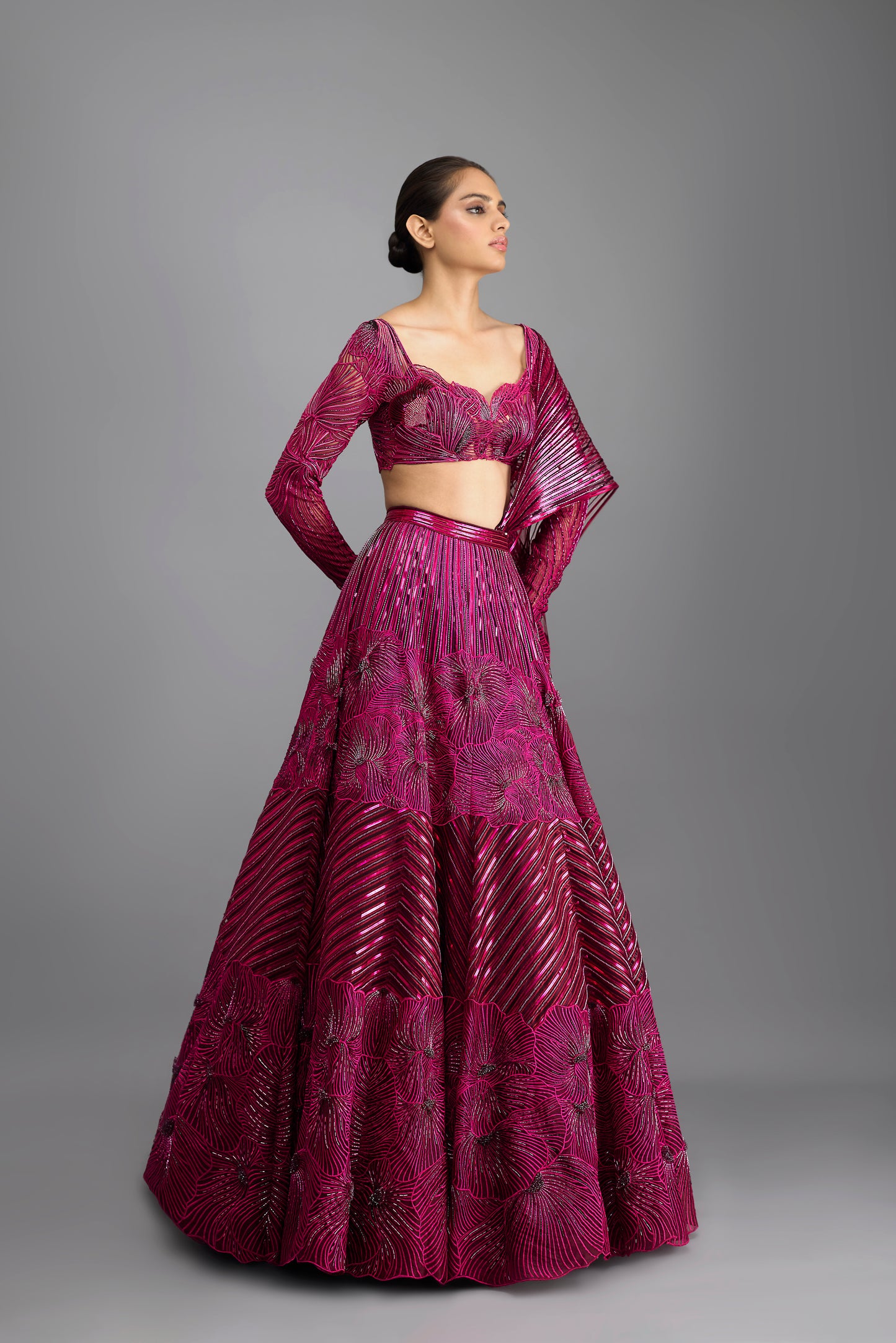 Metallic Coral Top And Drape With Skirt