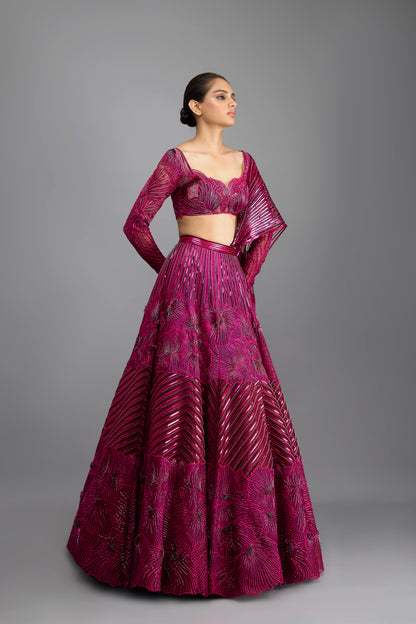 Metallic Coral Top And Drape With Skirt