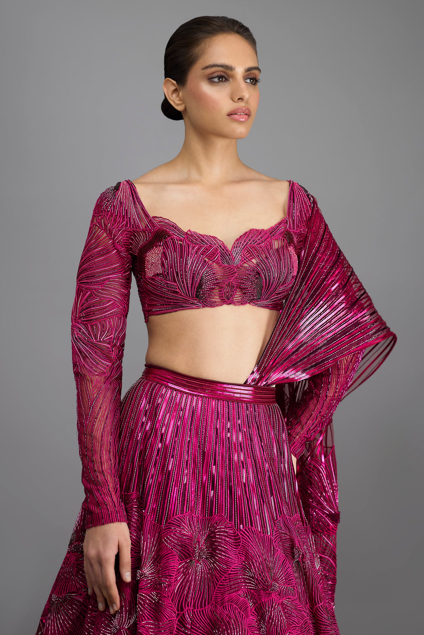 Metallic Coral Top And Drape With Skirt