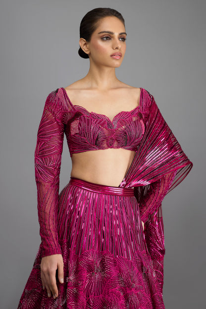 Metallic Coral Top And Drape With Skirt