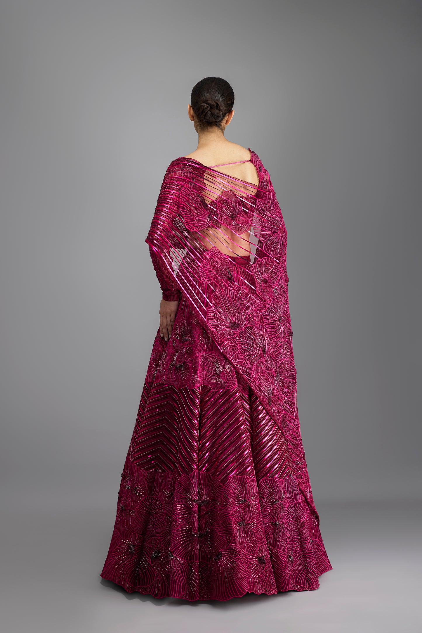 Metallic Coral Top And Drape With Skirt