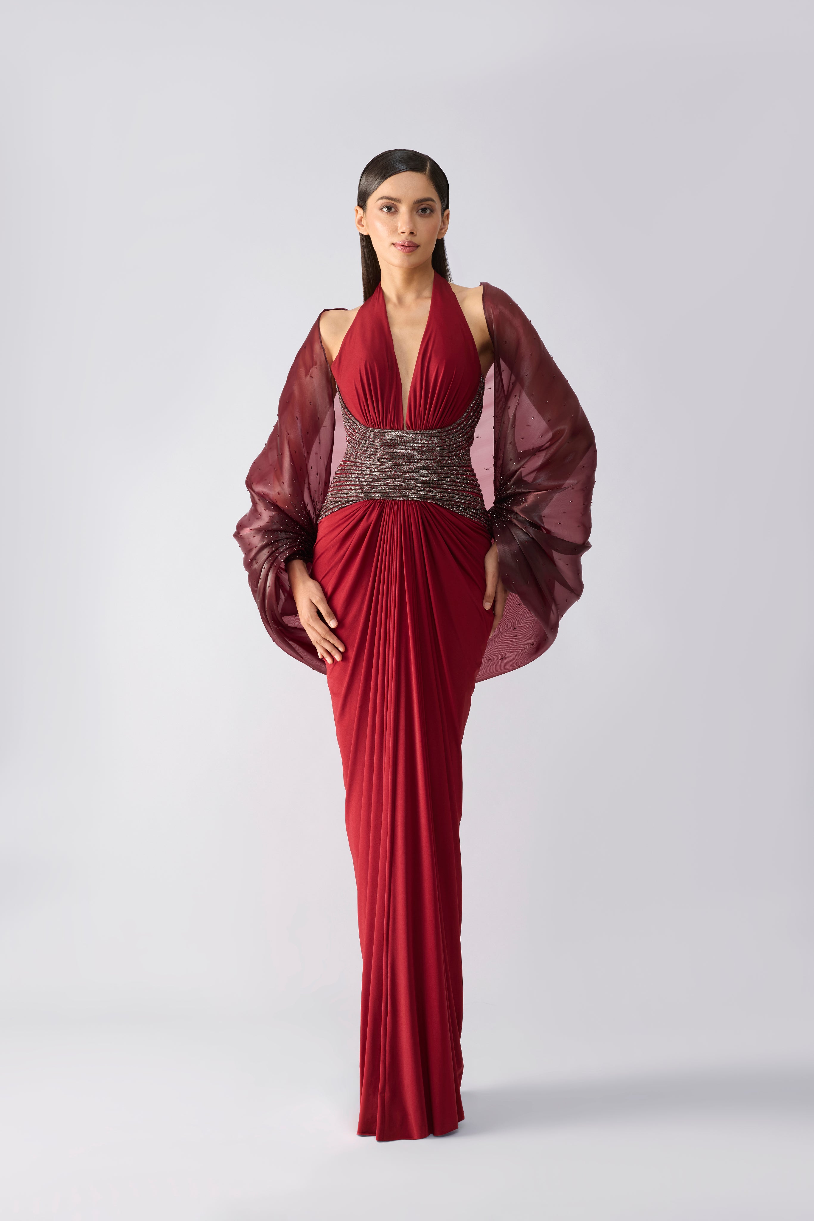 Moulded Crystalvein Gown With Metallic Cape