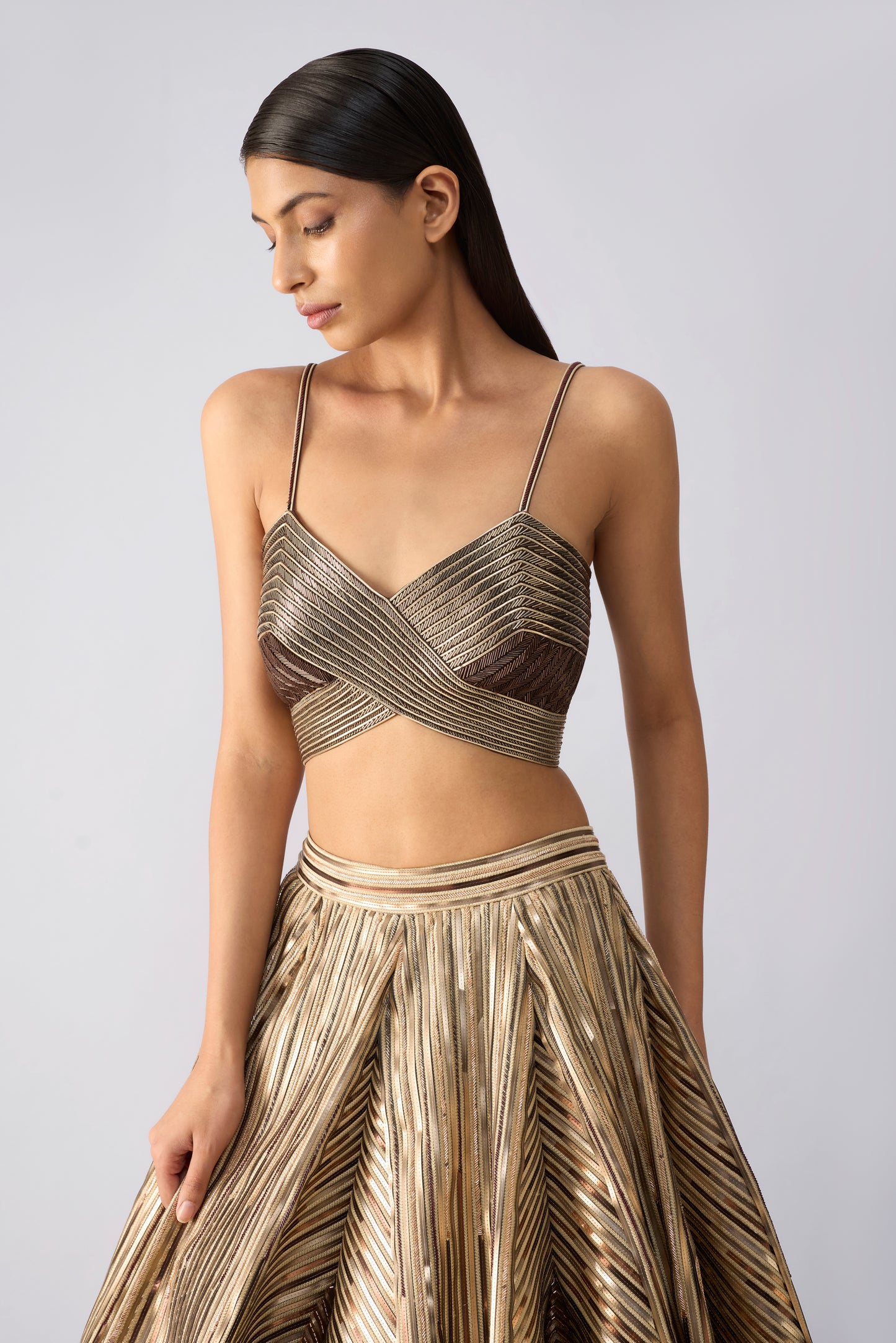 Structured Metallic Top With Drape And Skirt