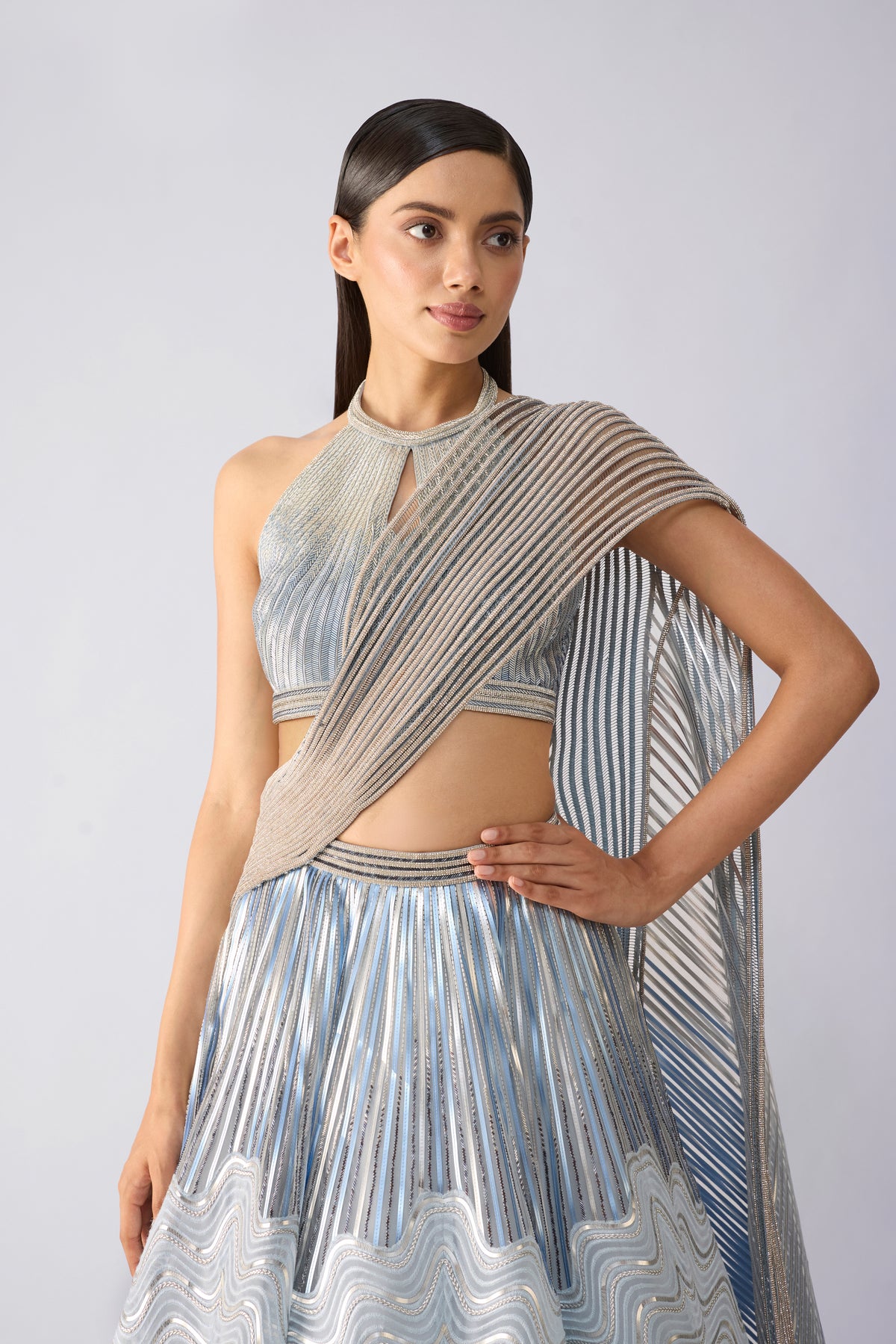 Corded Top With Metallic Skirt And Drape