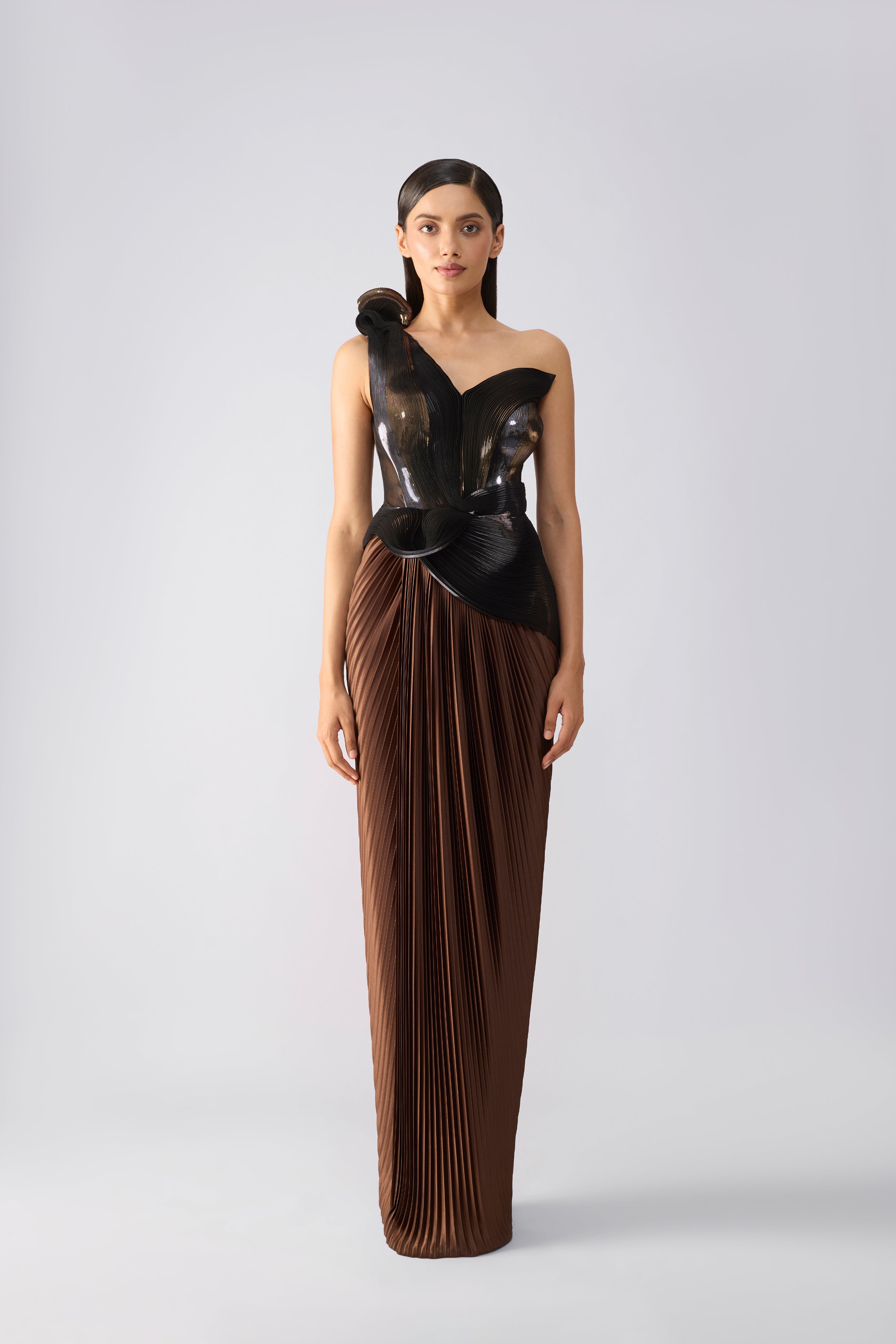 Metallic Gown With Plisse Draped Skirt