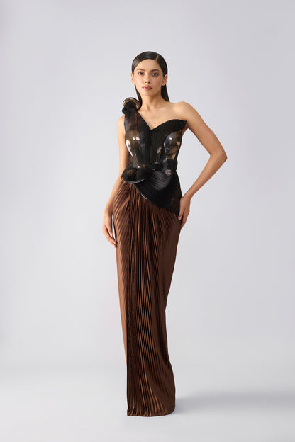 Metallic Gown With Plisse Draped Skirt
