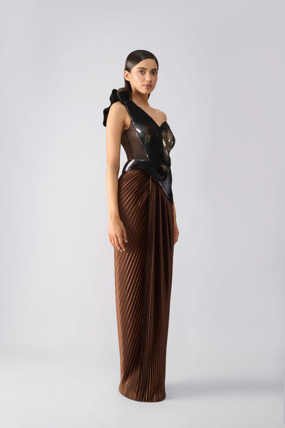 Metallic Gown With Plisse Draped Skirt