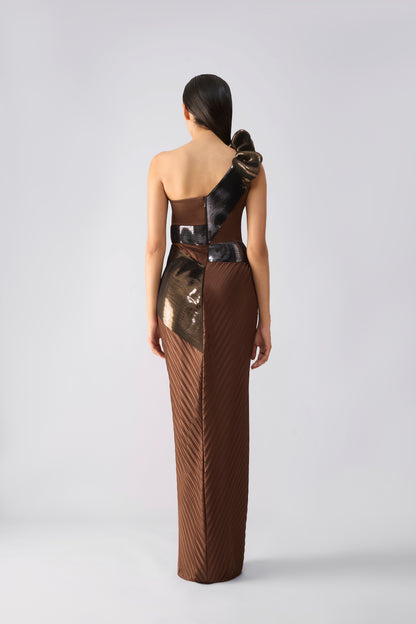 Metallic Gown With Plisse Draped Skirt