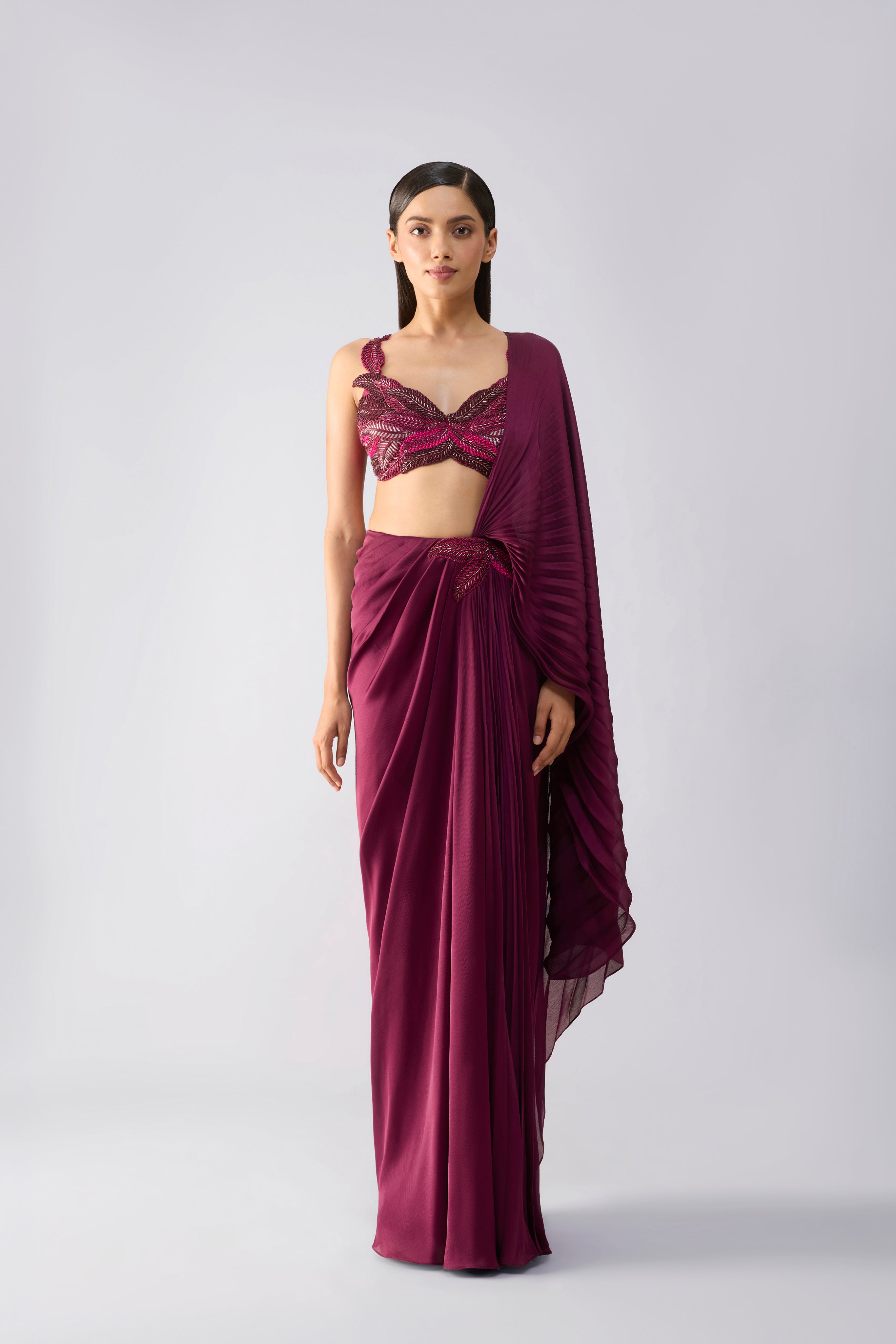 Metallic Embroidered Top With Draped Saree