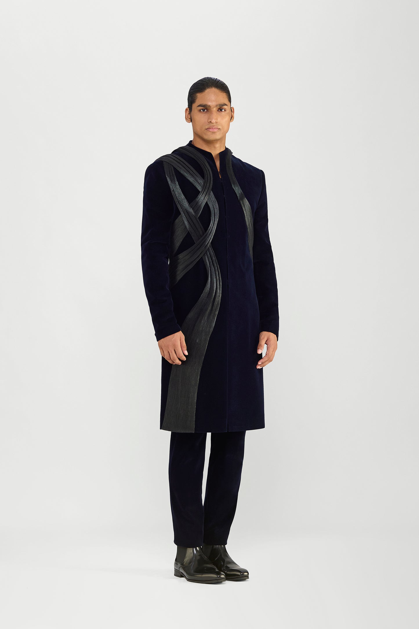 Long Jacket Set In Velvette With Hand Woven Textile