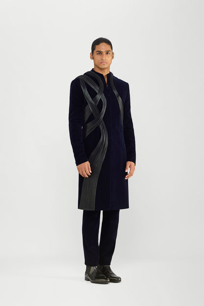 Long Jacket Set In Velvette With Hand Woven Textile