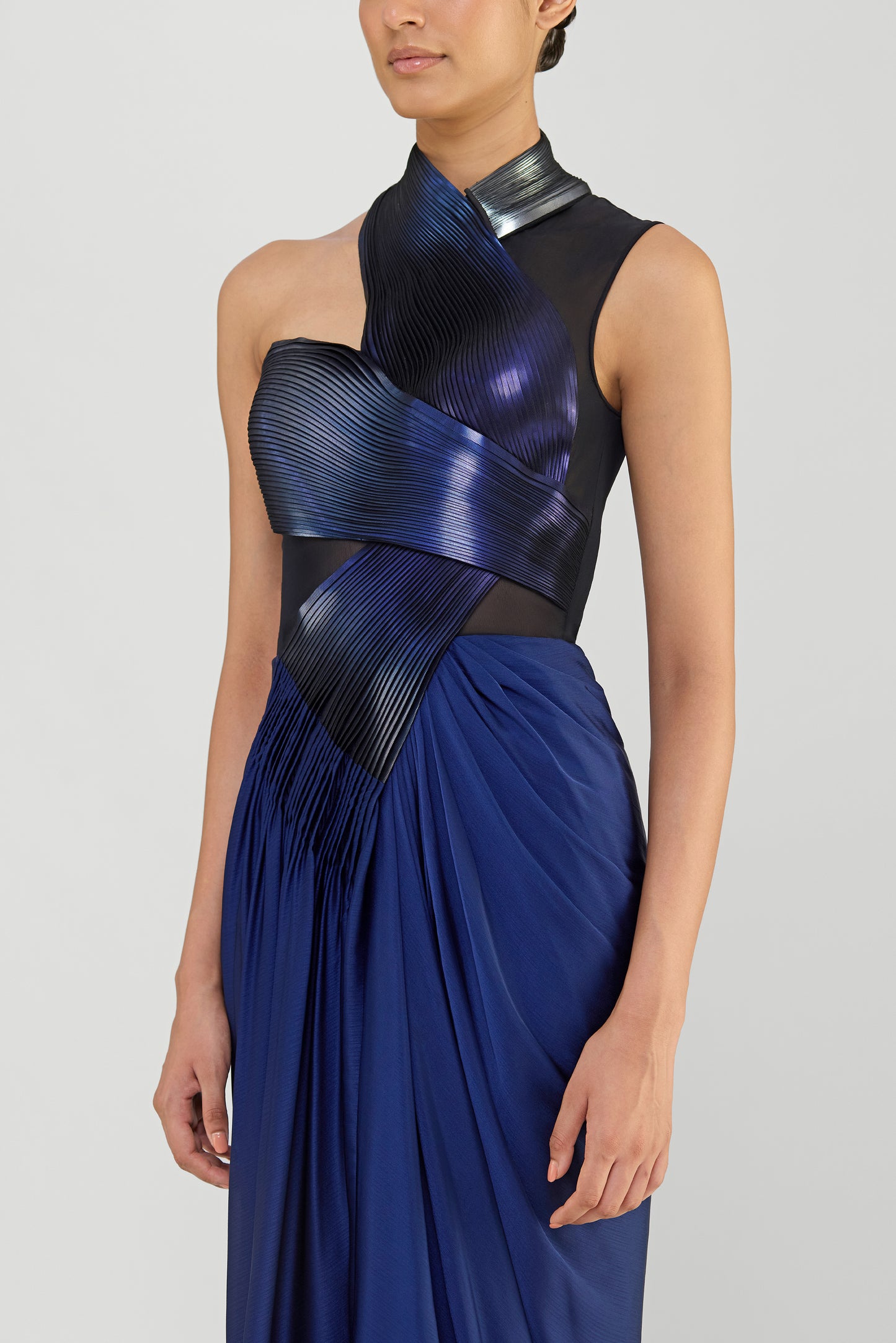 Moulded Metallic Micropleated Gown With Chiffon Drape