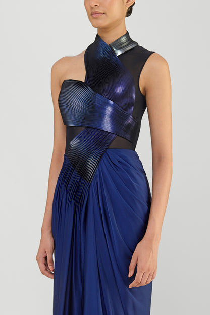 Moulded Metallic Micropleated Gown With Chiffon Drape