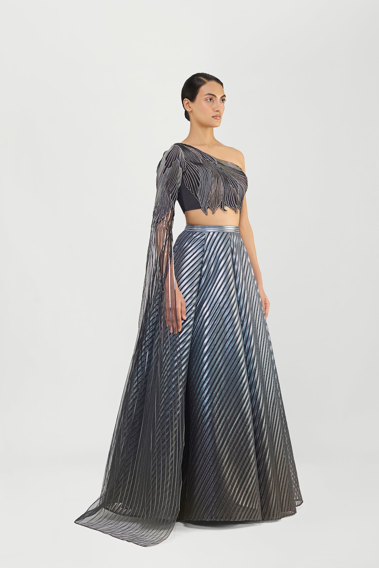 Metallic Fluted Tulle Printed Skirt And Beaded  One Shouldered Top