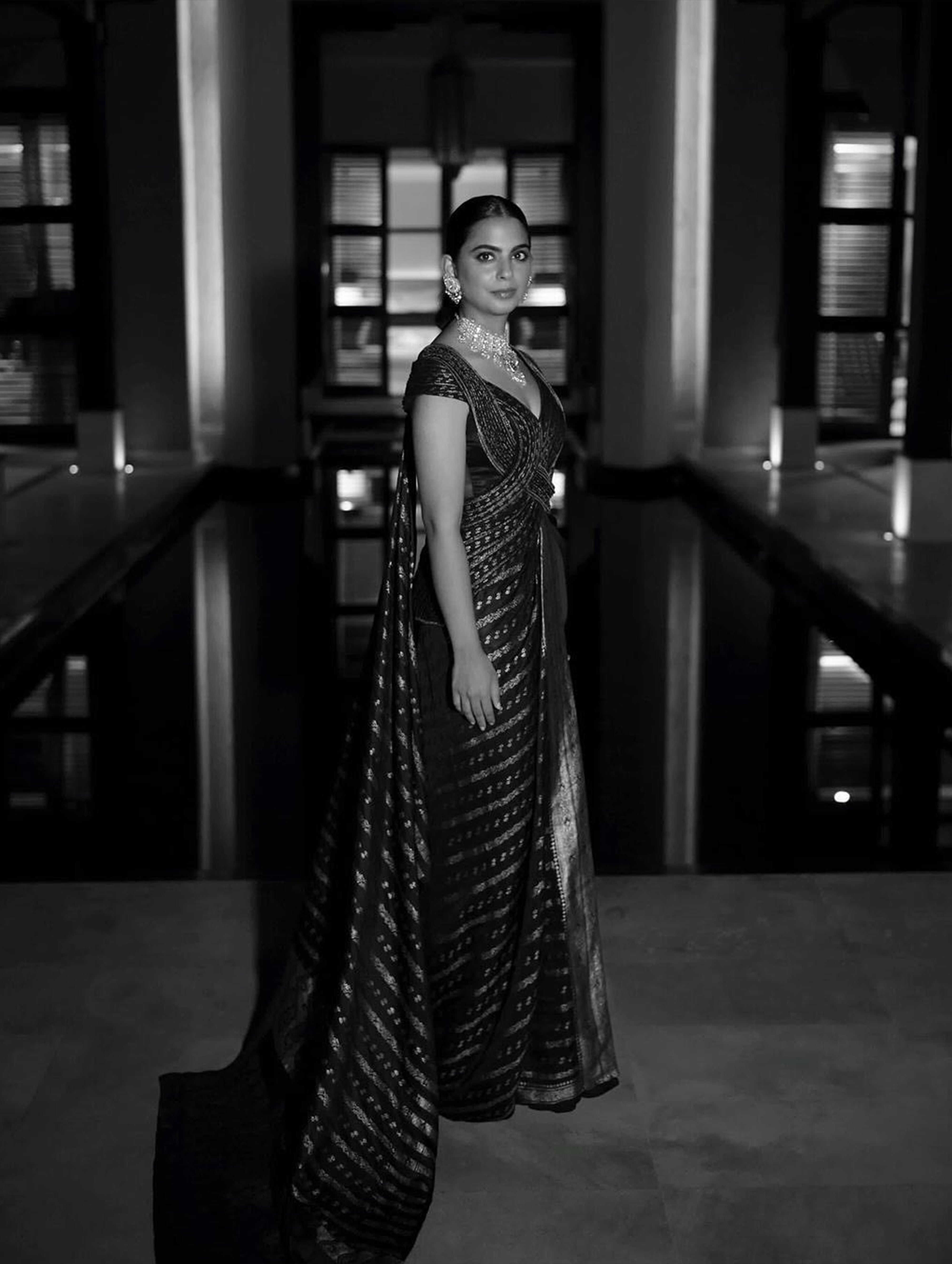 Isha Ambani in Vintage Banarsi Corded Draped Saree