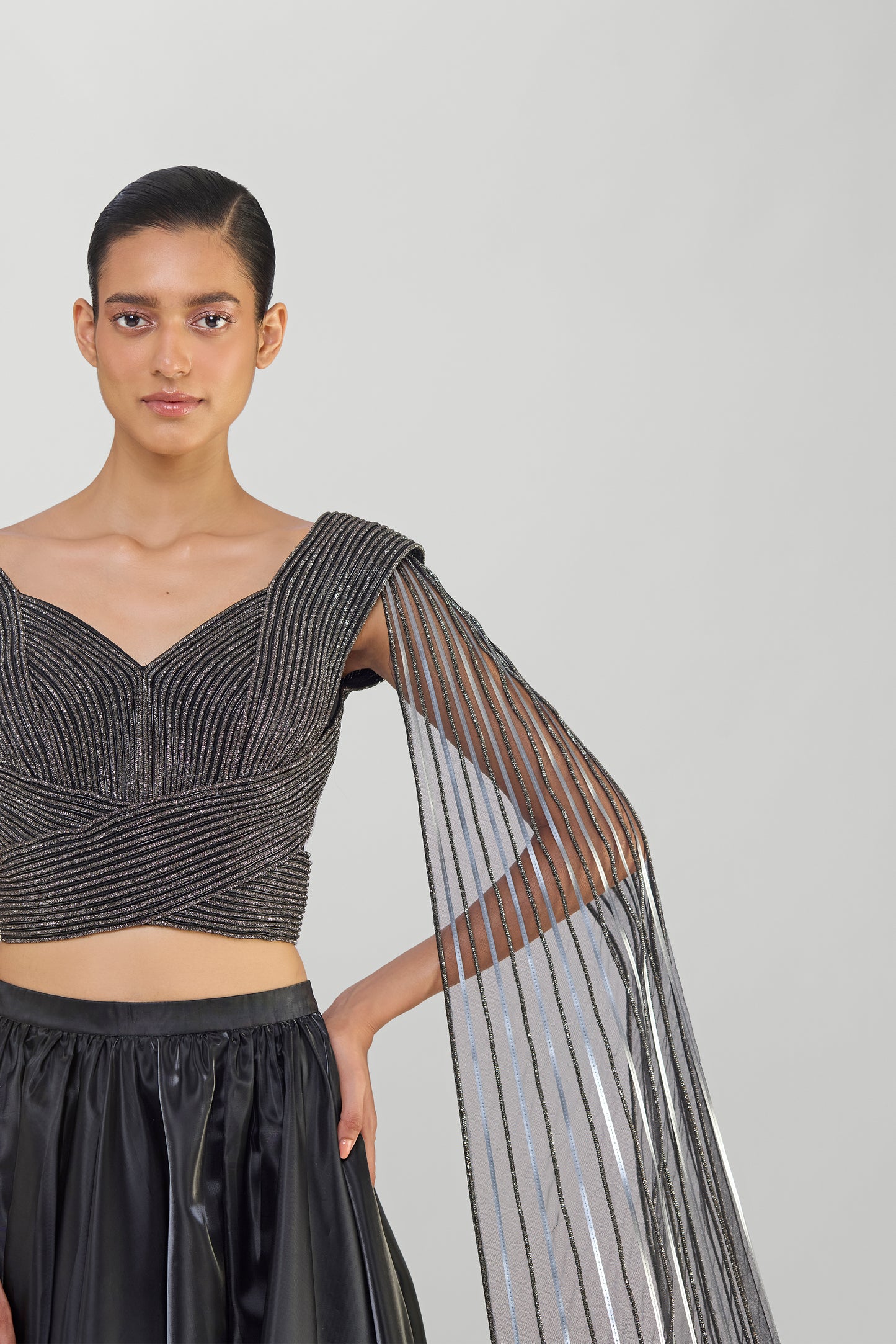 Structured Top With Glazed Organza Skirt And Shoulder Drapes
