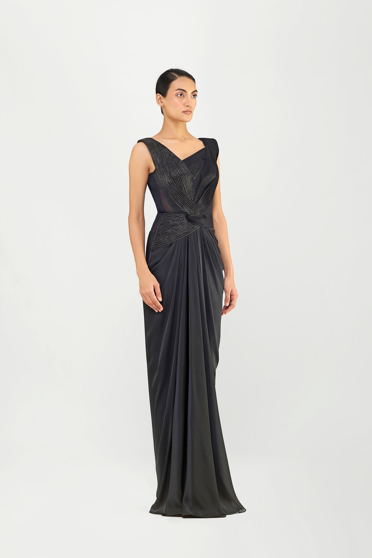 Moulded Strata Micropleated And Corded Top  With A Chiffon Drape