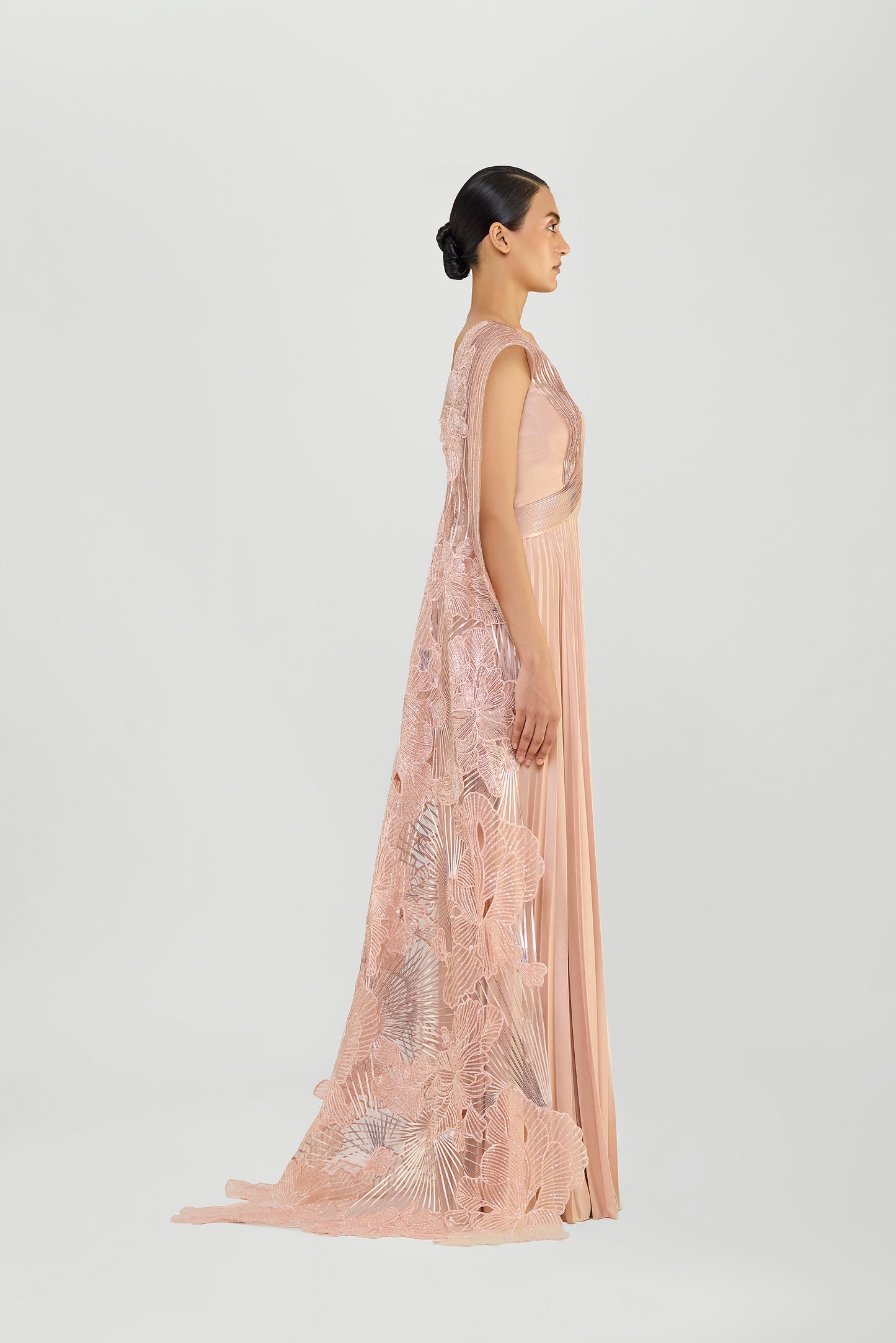 Structured Gown With Metallic Sunray Coral Palla And Plisse Skirt